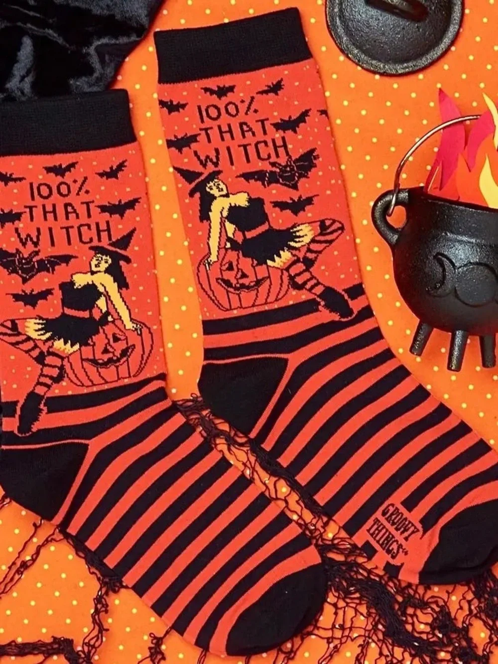 Halloween Witch Novelty Crew Socks — Orange & Black